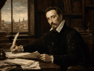 Lope de Vega escribiendo en su estudio durante el Siglo de Oro español