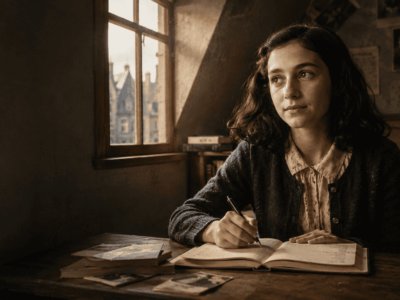 Ilustración de Ana Frank escribiendo en su diario durante su estancia en la Casa de atrás