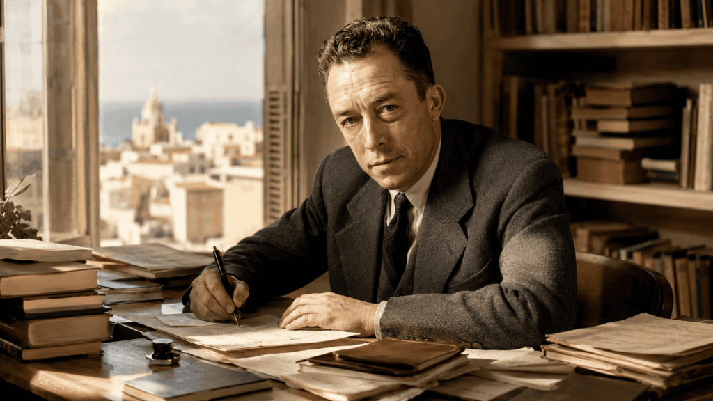 Ilustración editorial de Albert Camus escribiendo en su estudio