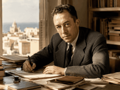 Ilustración editorial de Albert Camus escribiendo en su estudio