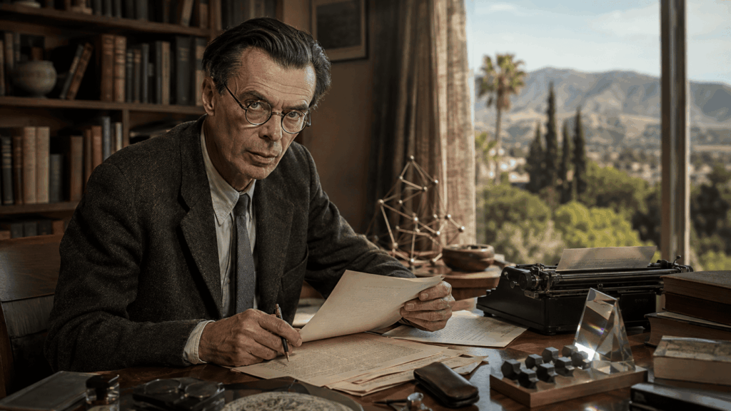 Ilustración editorial de Aldous Huxley escribiendo en su estudio