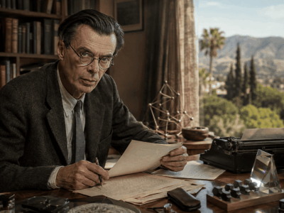 Ilustración editorial de Aldous Huxley escribiendo en su estudio