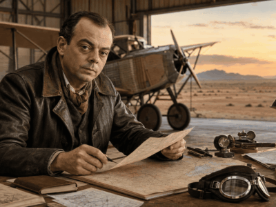 Ilustración de Antoine de Saint-Exupéry escribiendo junto a un avión postal