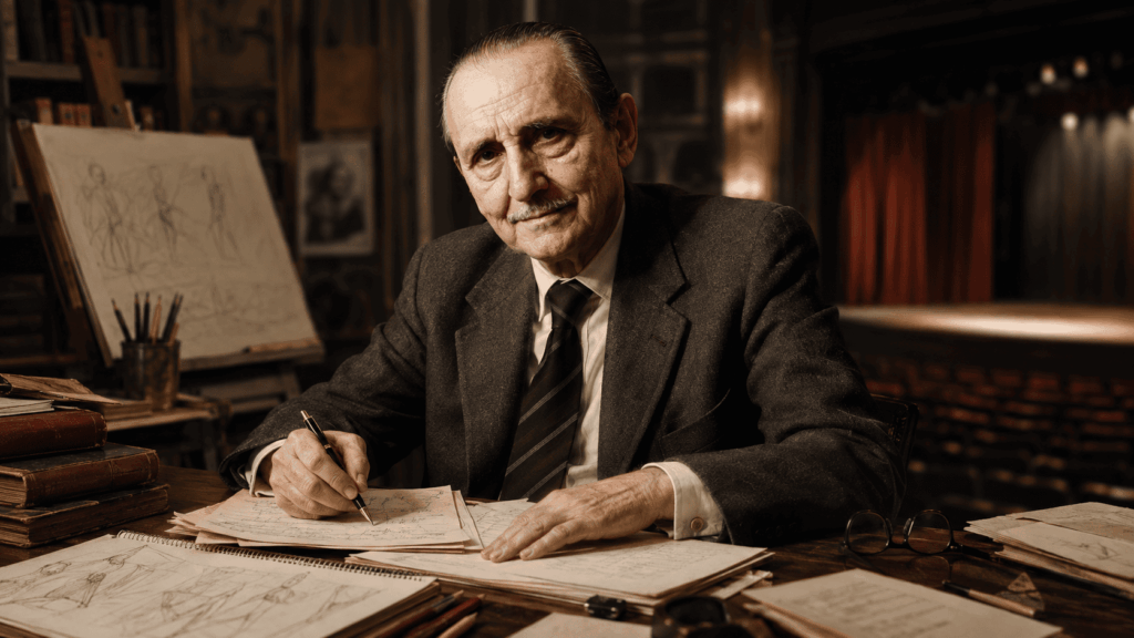 Antonio Buero Vallejo en un estudio con manuscritos y ambiente teatral