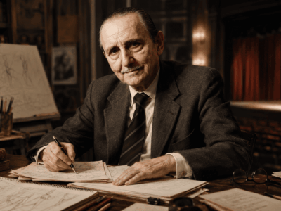 Antonio Buero Vallejo en un estudio con manuscritos y ambiente teatral