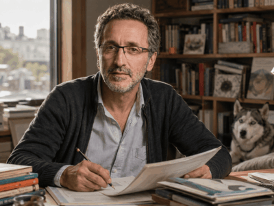 Ilustración editorial de Antonio Santa Ana revisando un manuscrito