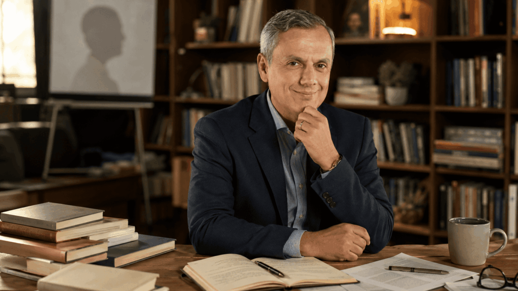 Bernardo Stamateas en un estudio con libros y material de trabajo