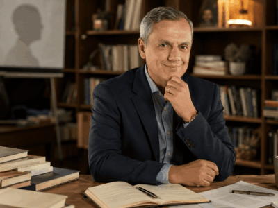 Bernardo Stamateas en un estudio con libros y material de trabajo