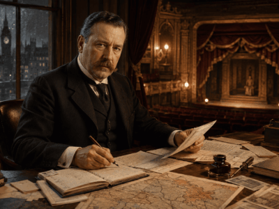 Ilustración editorial de Bram Stoker escribiendo en un estudio victoriano