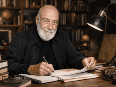 César Mallorquí en un estudio rodeado de libros