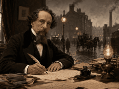 Ilustración de Charles Dickens escribiendo con el Londres victoriano al fondo