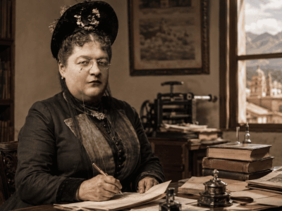 Clorinda Matto de Turner escribiendo en un despacho de finales del siglo XIX