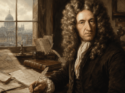 Daniel Defoe escribiendo en un despacho londinense del siglo XVIII