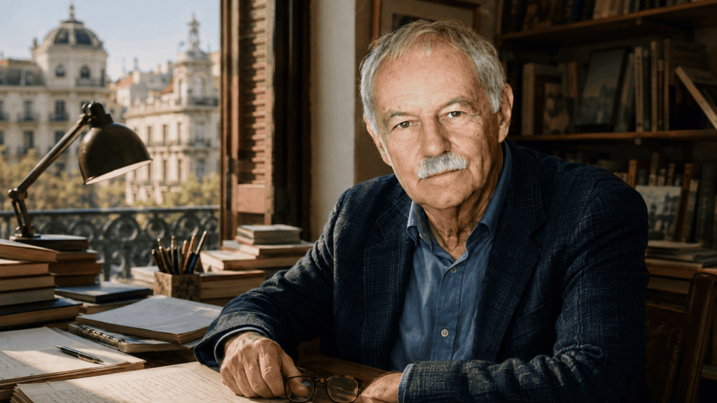 Eduardo Mendoza en un estudio de escritor con Barcelona al fondo