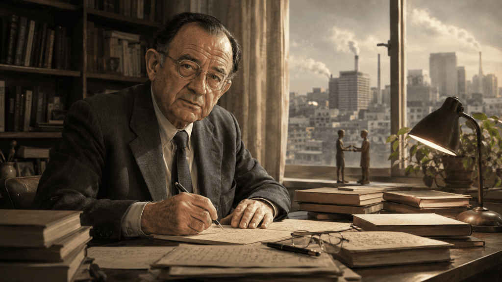 Ilustración editorial de Erich Fromm escribiendo en su estudio