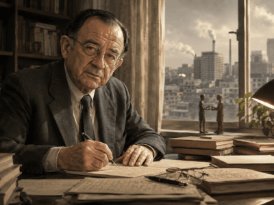 Ilustración editorial de Erich Fromm escribiendo en su estudio