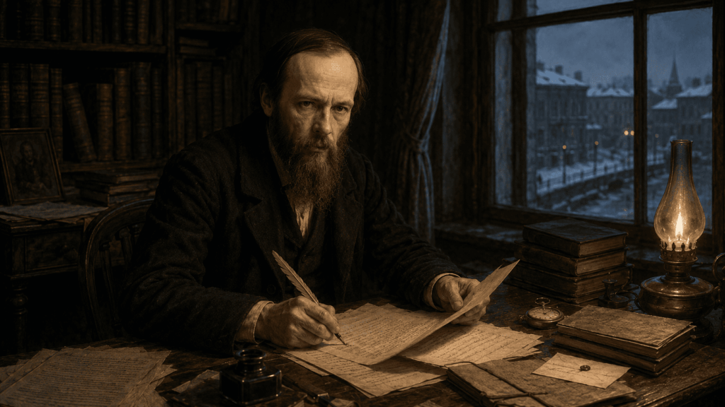 Ilustración editorial de Fiódor Dostoievski escribiendo en su estudio