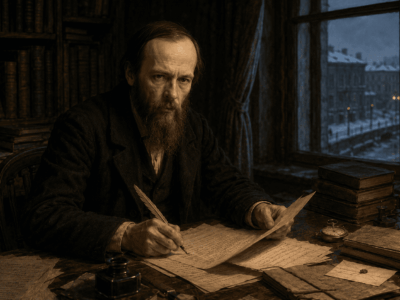 Ilustración editorial de Fiódor Dostoievski escribiendo en su estudio