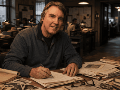 Ilustración editorial de John Katzenbach escribiendo junto a documentos periodísticos