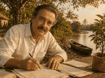 Ilustración editorial de José Mauro de Vasconcelos junto a una planta de naranja lima y un paisaje de Brasil
