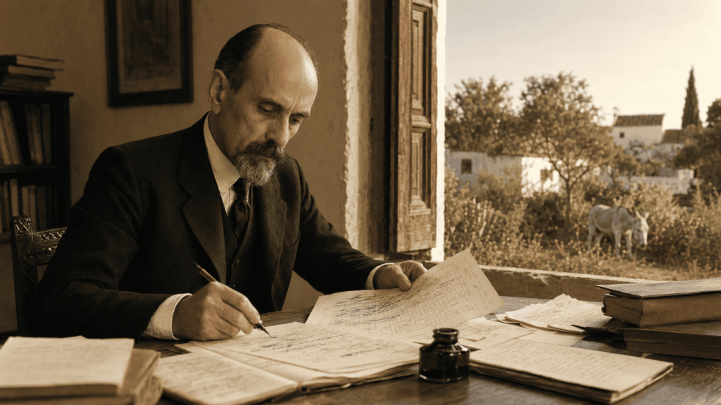 Ilustración editorial de Juan Ramón Jiménez escribiendo en su estudio