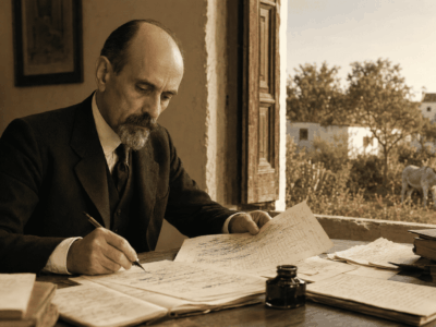 Ilustración editorial de Juan Ramón Jiménez escribiendo en su estudio