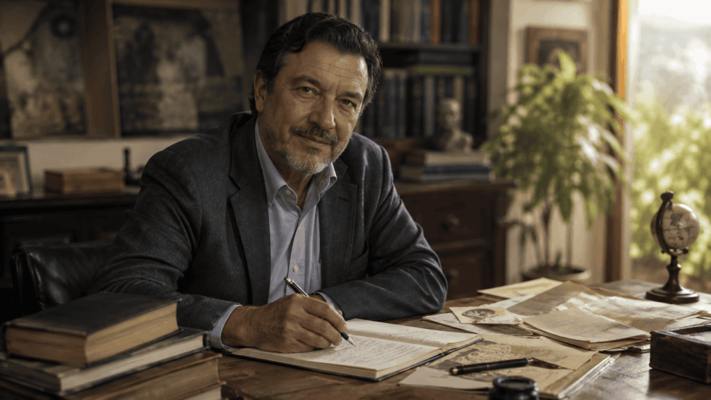 Ilustración editorial de Don Miguel Ruiz escribiendo en su estudio