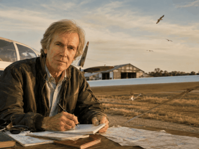 Ilustración editorial de Richard Bach escribiendo junto a un avión