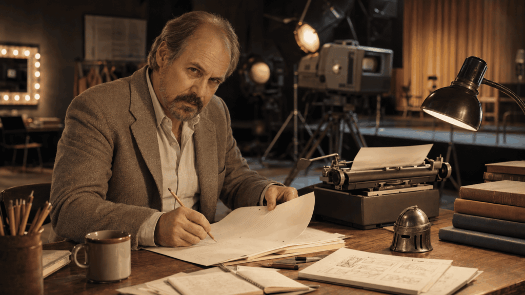 Ilustración editorial de Robert Fisher escribiendo un guion en su estudio
