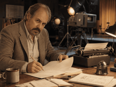 Ilustración editorial de Robert Fisher escribiendo un guion en su estudio