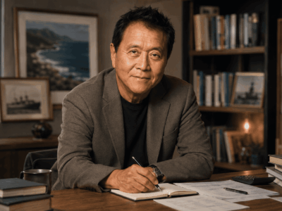 Robert Kiyosaki en un estudio con elementos de su trayectoria profesional