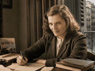 Carmen Laforet escribiendo en un ambiente inspirado en la Barcelona de posguerra